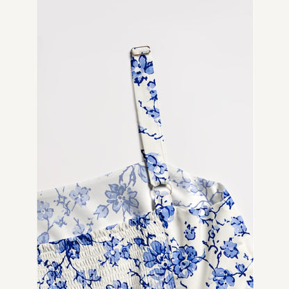 Delft Blue Vintage Floral Print Wide Straps Maxi Dress With Pockets