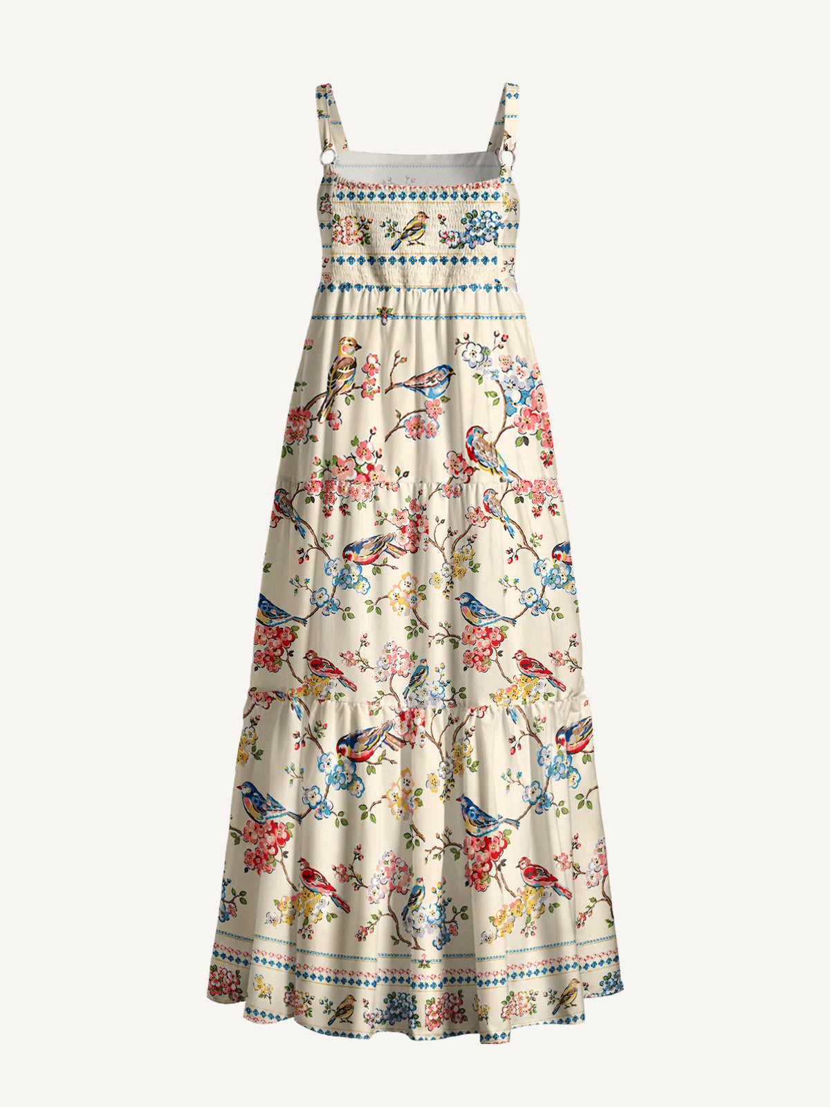Vintage Floral Songbirds Print Wide Straps Maxi Dress With Pockets