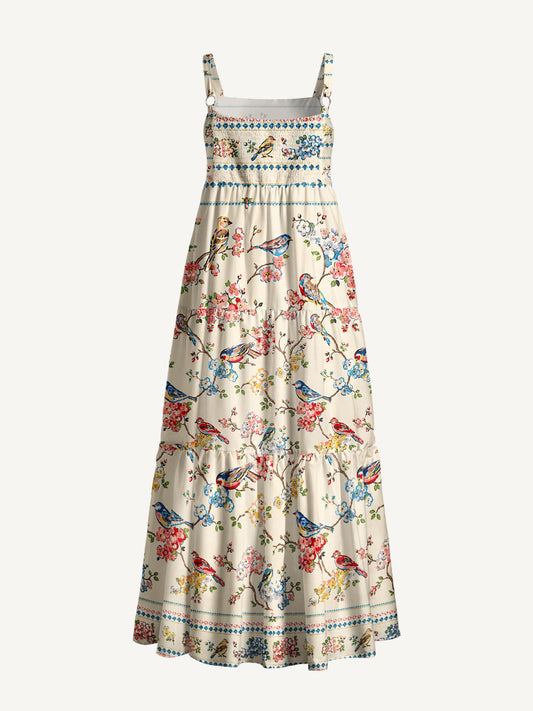 Vintage Floral Songbirds Print Wide Straps Maxi Dress With Pockets