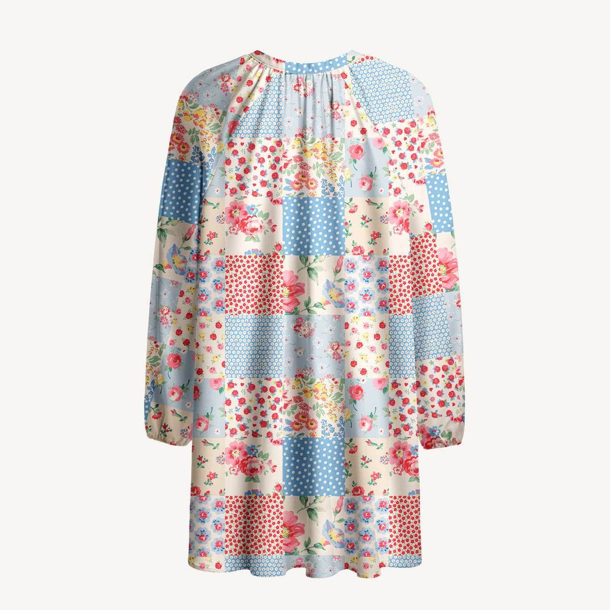 Pastel Patc Print Boho Tie‑Neck Smock Mini Dress