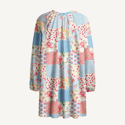 Pastel Patc Print Boho Tie‑Neck Smock Mini Dress