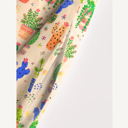 Colorful Cactus Garden In Pots Print Wide Straps Maxi Dress With Pockets