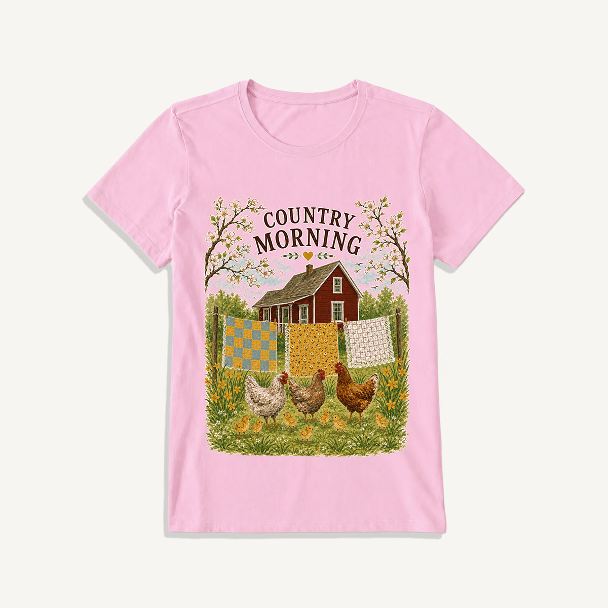 Country Morning Hen and Chicks Print Crew Neck Cotton Tee