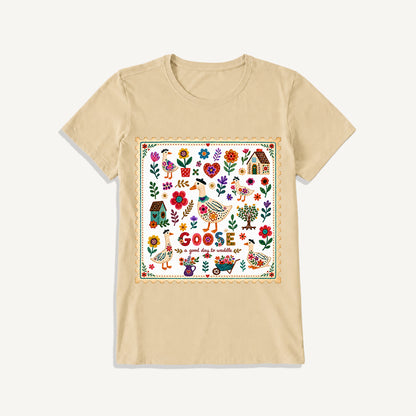 Floral Goose Garden Print Crew Neck Cotton Tee