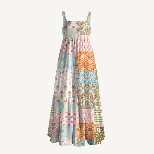 Timeless Floral Patchwork Wide Straps Maxi Dress With Pockets
