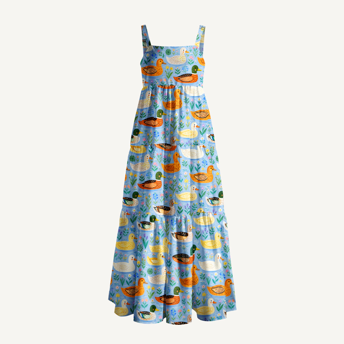 Colourful Duck Flower Print Wide Straps Maxi Dress With Pockets