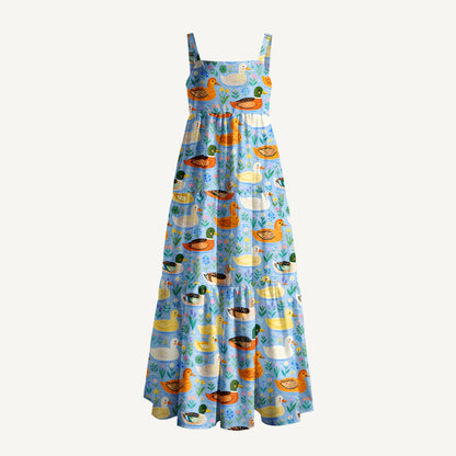 Colourful Duck Flower Print Wide Straps Maxi Dress With Pockets