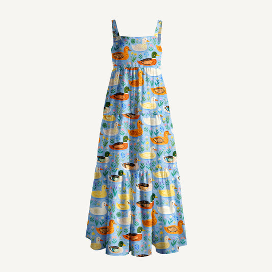 Colourful Duck Flower Print Wide Straps Maxi Dress With Pockets