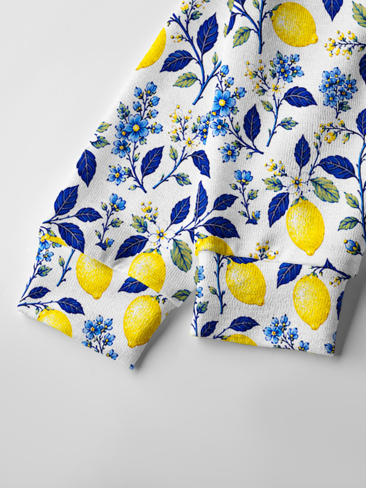 Lightweight Crew Neck Long‑Sleeve Cropped Blue Lemon Floral Print Fine‑Knit Cardigan