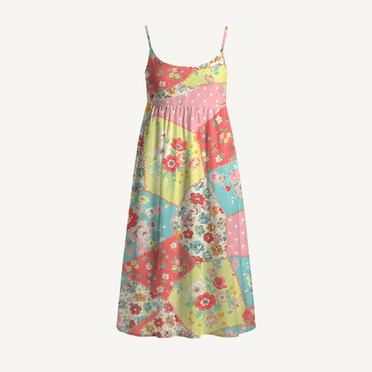 Colorful Blossom Patchwork Spaghetti Strap Mini Dress