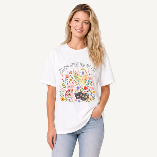 Floral Feline Bloom Print Crew Neck Cotton Tee