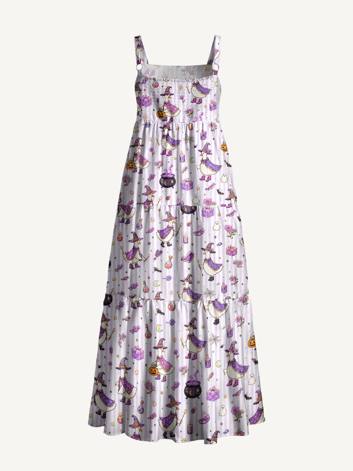Halloween Witch Gooses Print Wide Straps Maxi Dress With Pockets