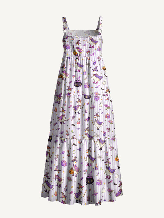 Halloween Witch Gooses Print Wide Straps Maxi Dress With Pockets