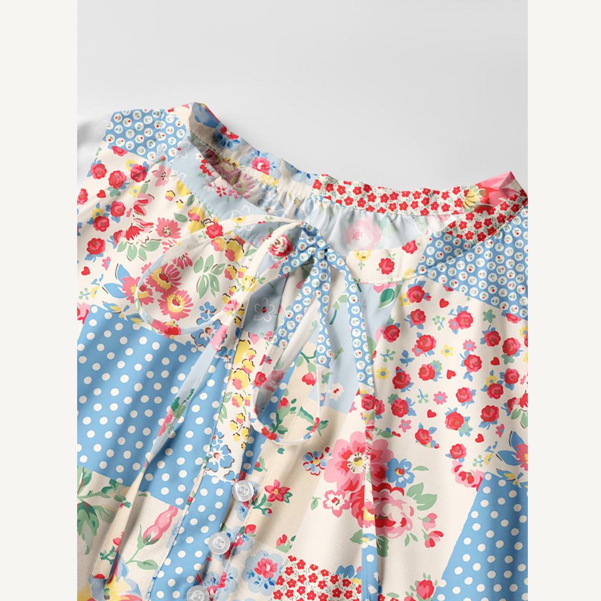 Pastel Patc Print Boho Tie‑Neck Smock Mini Dress