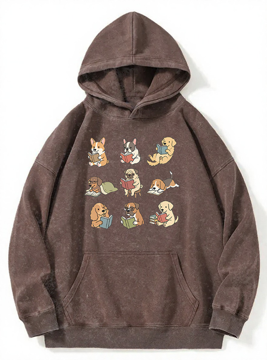 Vintage Funny Dog Reading Washed Hoodie