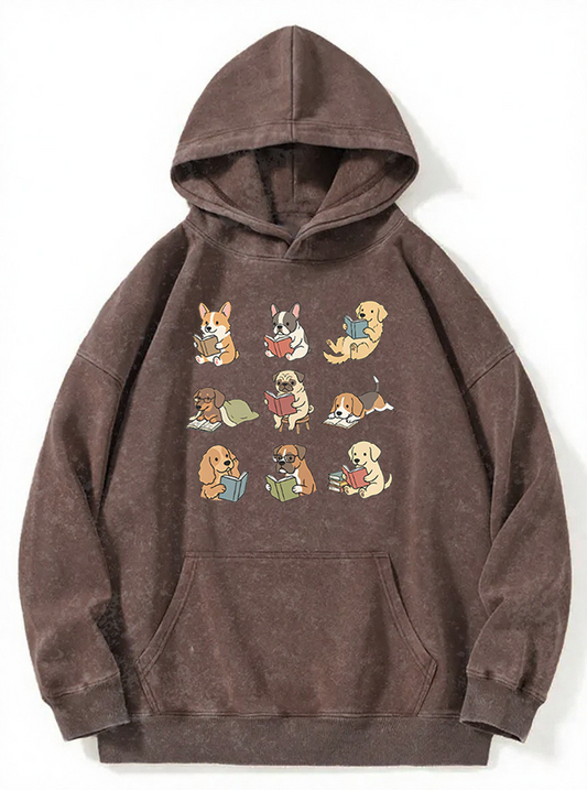 Vintage Funny Dog Reading Washed Hoodie