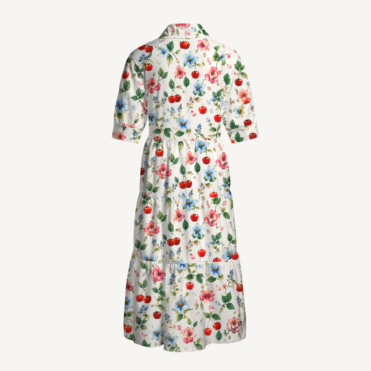 V Neck Collared Cherry & Floral Print Casual Midi Dress With Pockets