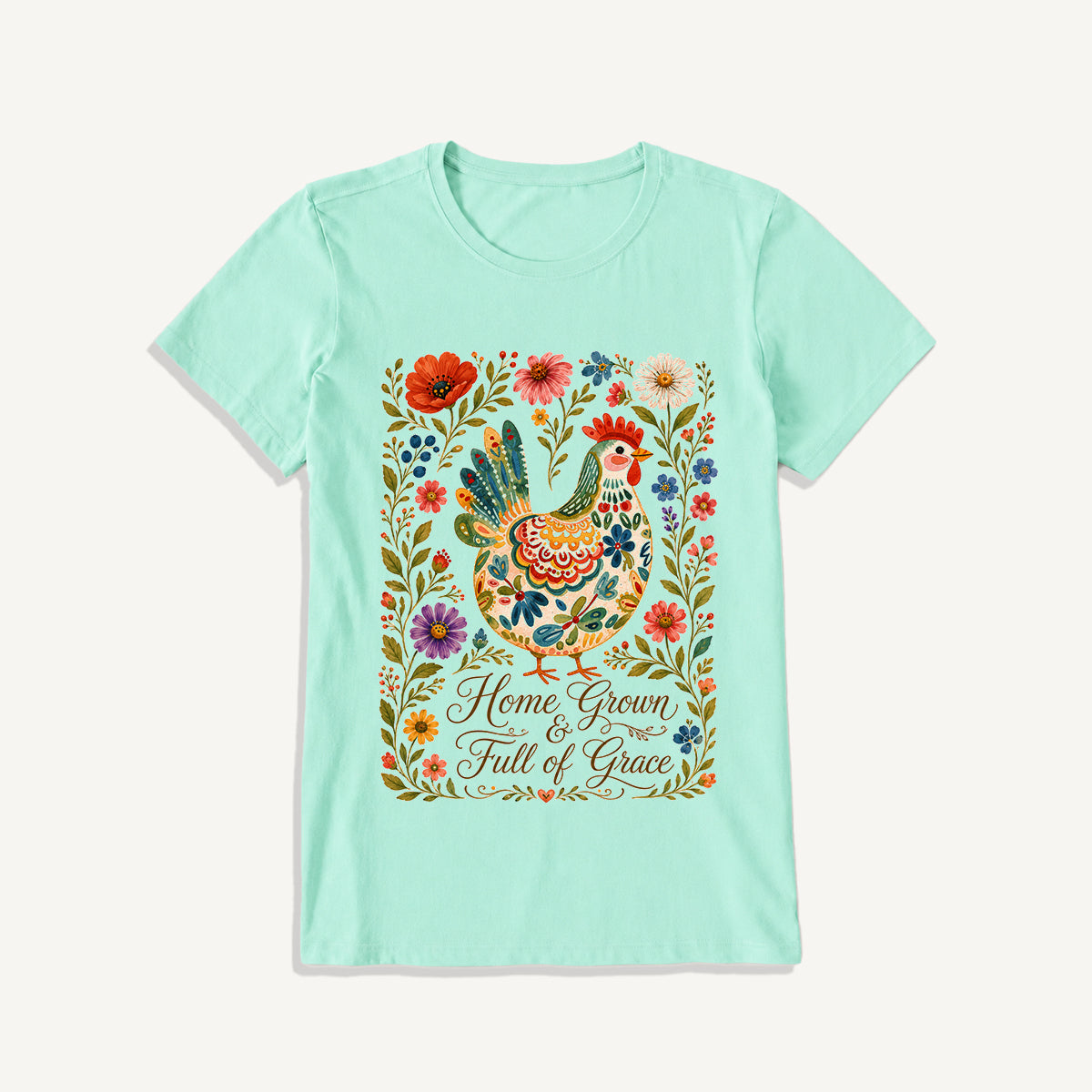 Folk Floral Homegrown Hen Print Crew Neck Cotton Tee