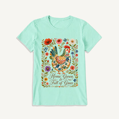 Folk Floral Homegrown Hen Print Crew Neck Cotton Tee