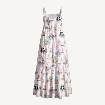 Panda Garden Print Wide Straps Maxi Dress With Pockets