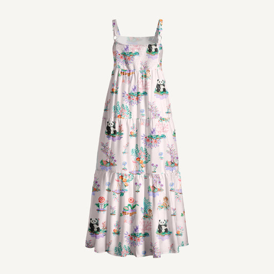 Panda Garden Print Wide Straps Maxi Dress With Pockets