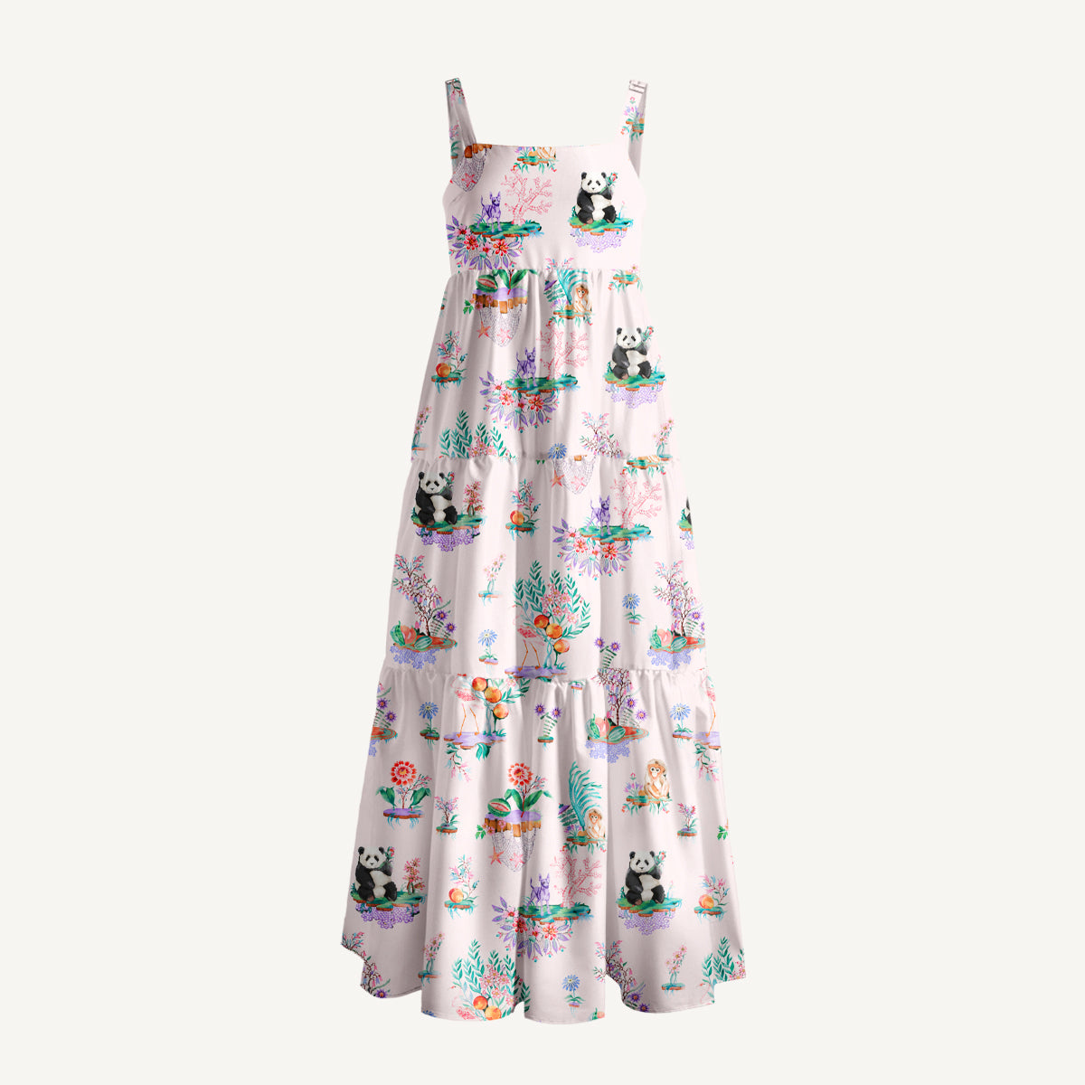 Panda Garden Print Wide Straps Maxi Dress With Pockets