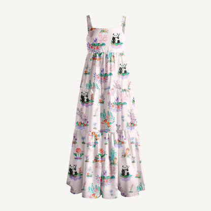 Panda Garden Print Wide Straps Maxi Dress With Pockets