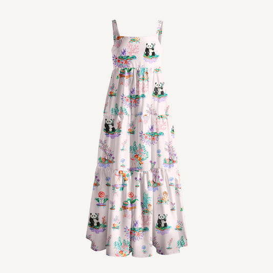 Panda Garden Print Wide Straps Maxi Dress With Pockets