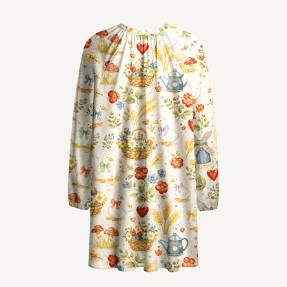 Rustic Duck Meadow Print Boho Long Sleeve Tie‑Neck Smock Mini Dress