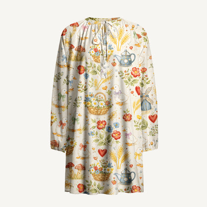 Rustic Duck Meadow Print Boho Long Sleeve Tie‑Neck Smock Mini Dress