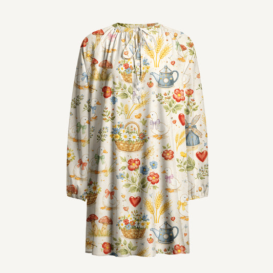 Rustic Duck Meadow Print Boho Long Sleeve Tie‑Neck Smock Mini Dress