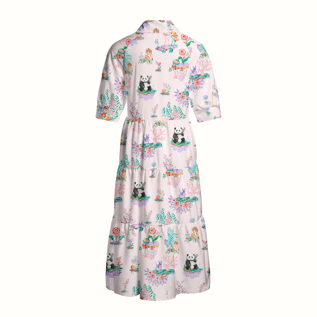 V Neck Collared Panda Garden Print Casual Midi Dress With Pockets