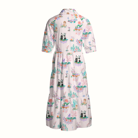 V Neck Collared Panda Garden Print Casual Midi Dress With Pockets
