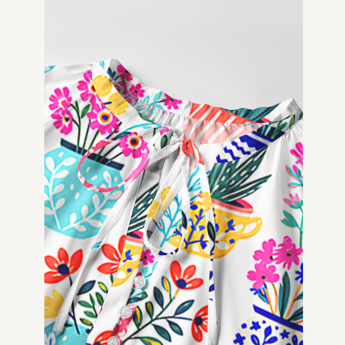 Cactus and Flowers Print Boho Tie‑Neck Smock Mini Dress