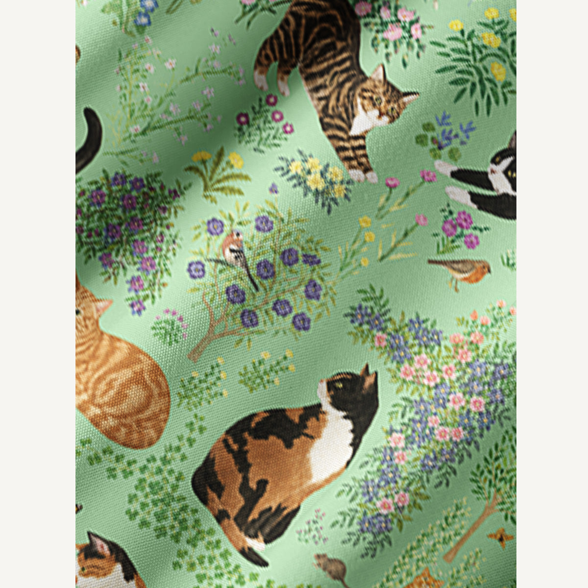 Botanical Cat Garden Print Boho Tie‑Neck Smock Mini Dress