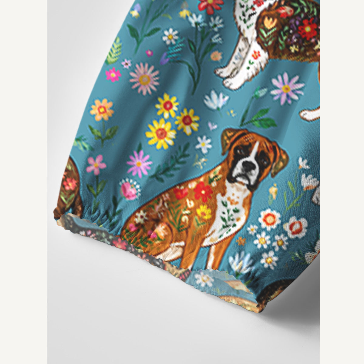 Cute Flower Dog Print Boho Tie‑Neck Smock Mini Dress