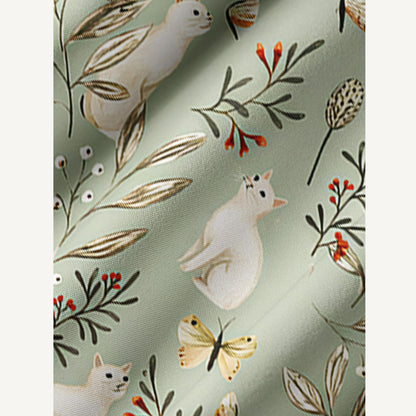 Enchanted Meadow Cat Print Boho Tie‑Neck Smock Mini Dress