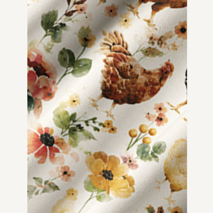 Watercolor Chicken Floral Print Boho Long Sleeve Tie‑Neck Smock Mini Dress