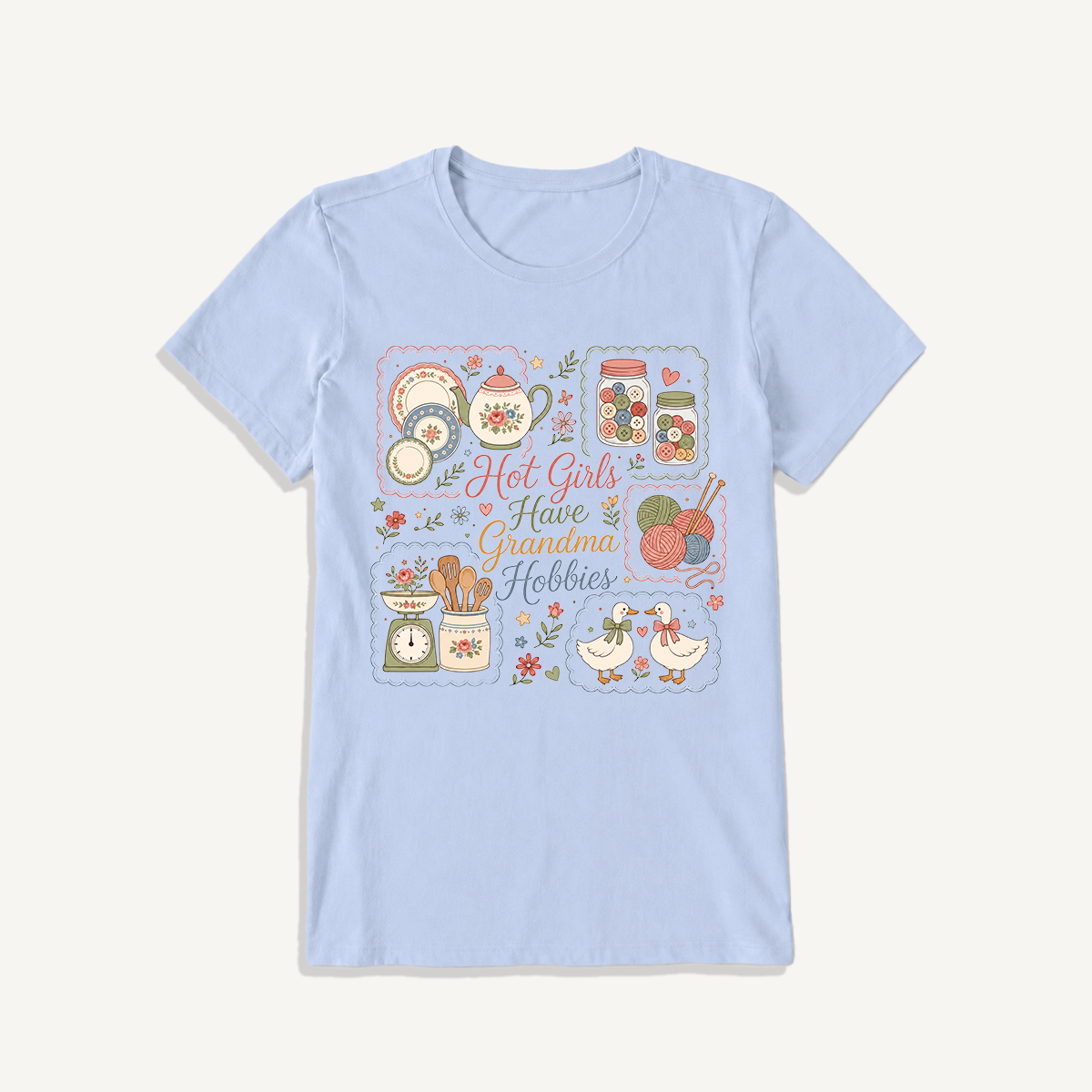 Grandma Hobbies Craft Cottage Print Crew Neck Cotton Tee