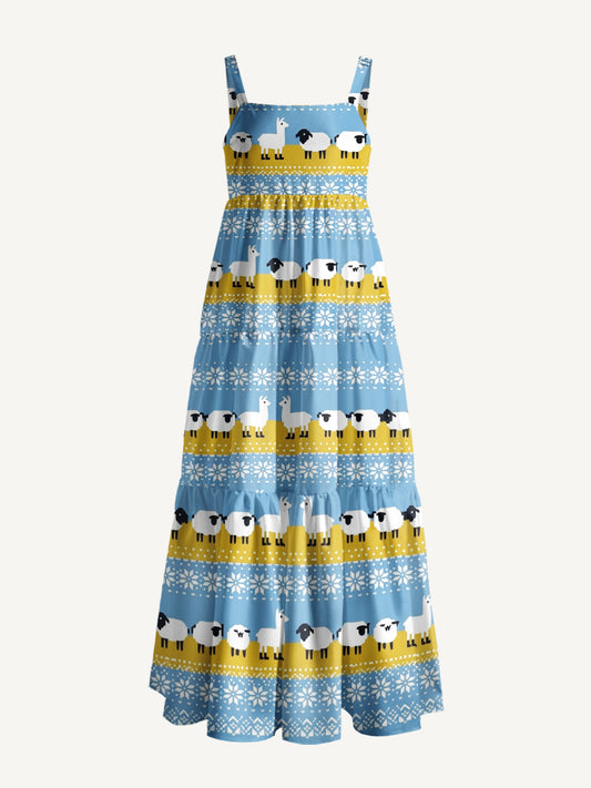 Pasture Parade Sheep Print Wide Straps Maxi Dress With Pockets