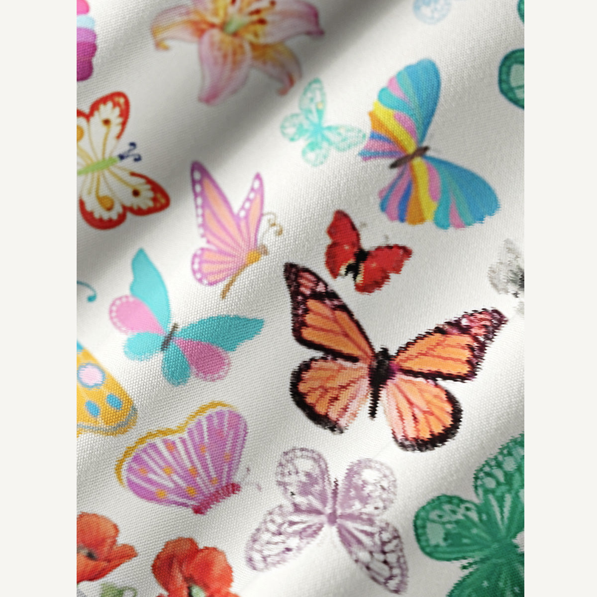 Rainbow Butterfly Garden Print Boho Tie‑Neck Smock Mini Dress