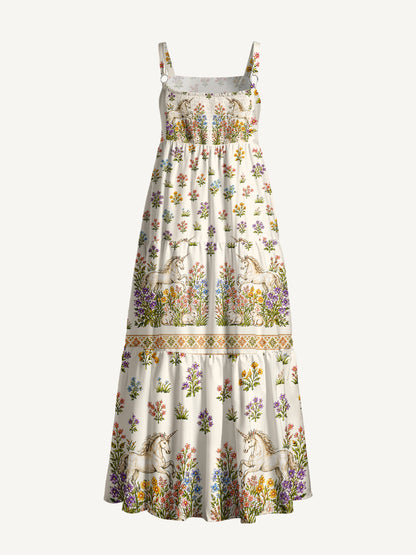 Enchanted Unicorn Garden Print Wide Straps Maxi Dress With Pockets