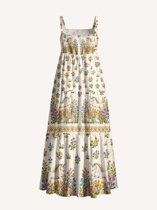 Enchanted Unicorn Garden Print Wide Straps Maxi Dress With Pockets