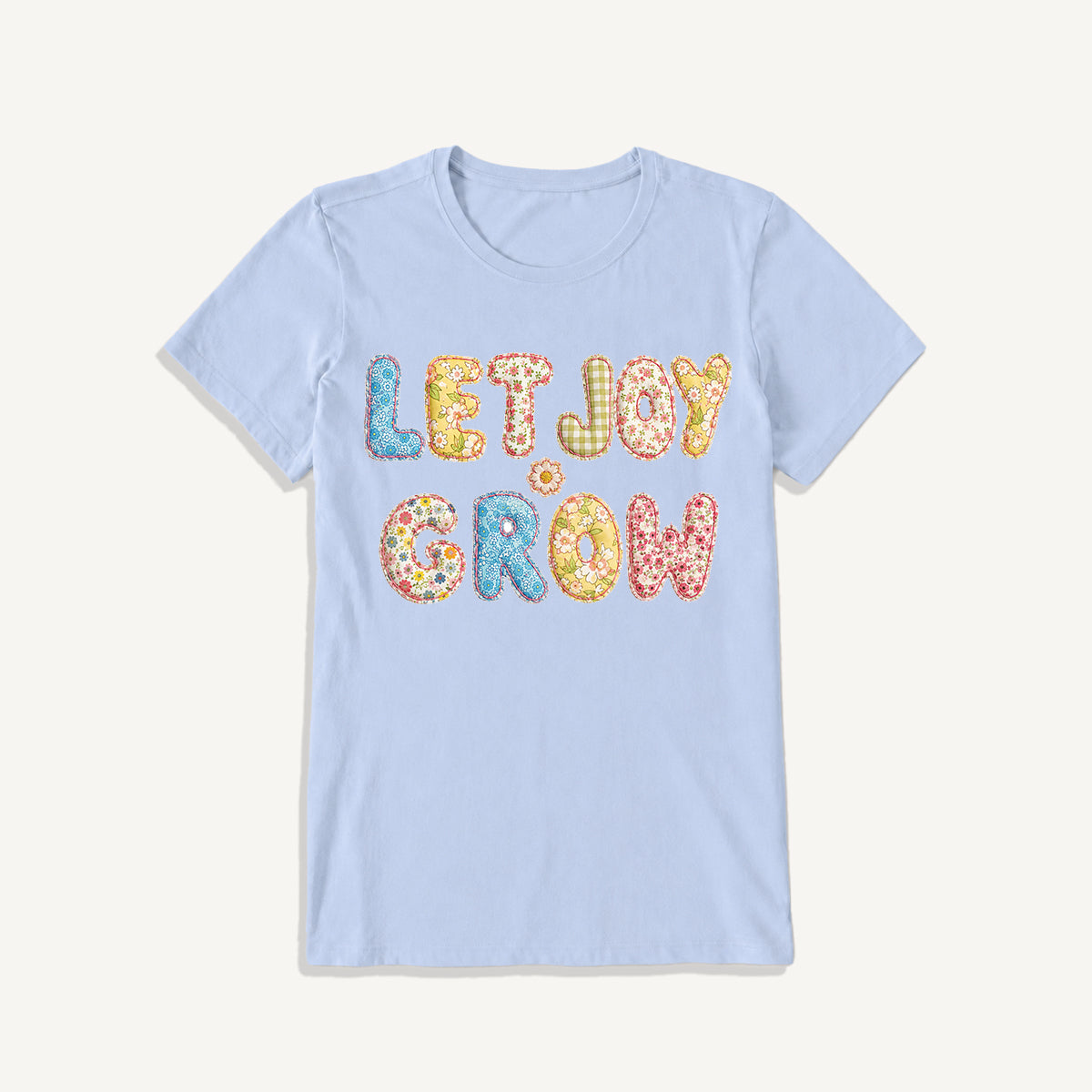 Let Joy Grow Patchwork Print Crew Neck Cotton Tee