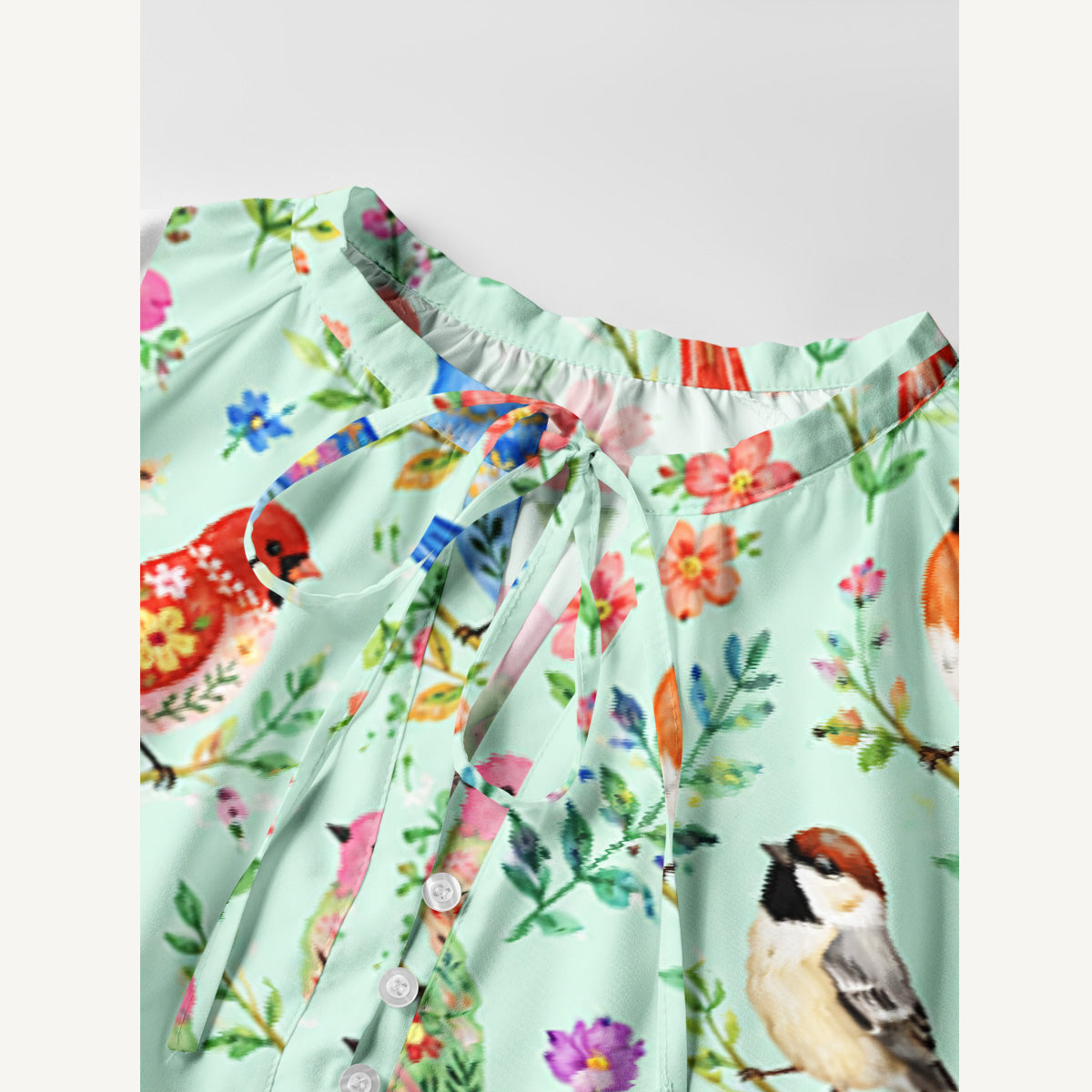 Colorful Songbird Garden Print Boho Tie‑Neck Smock Mini Dress