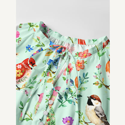 Colorful Songbird Garden Print Boho Tie‑Neck Smock Mini Dress