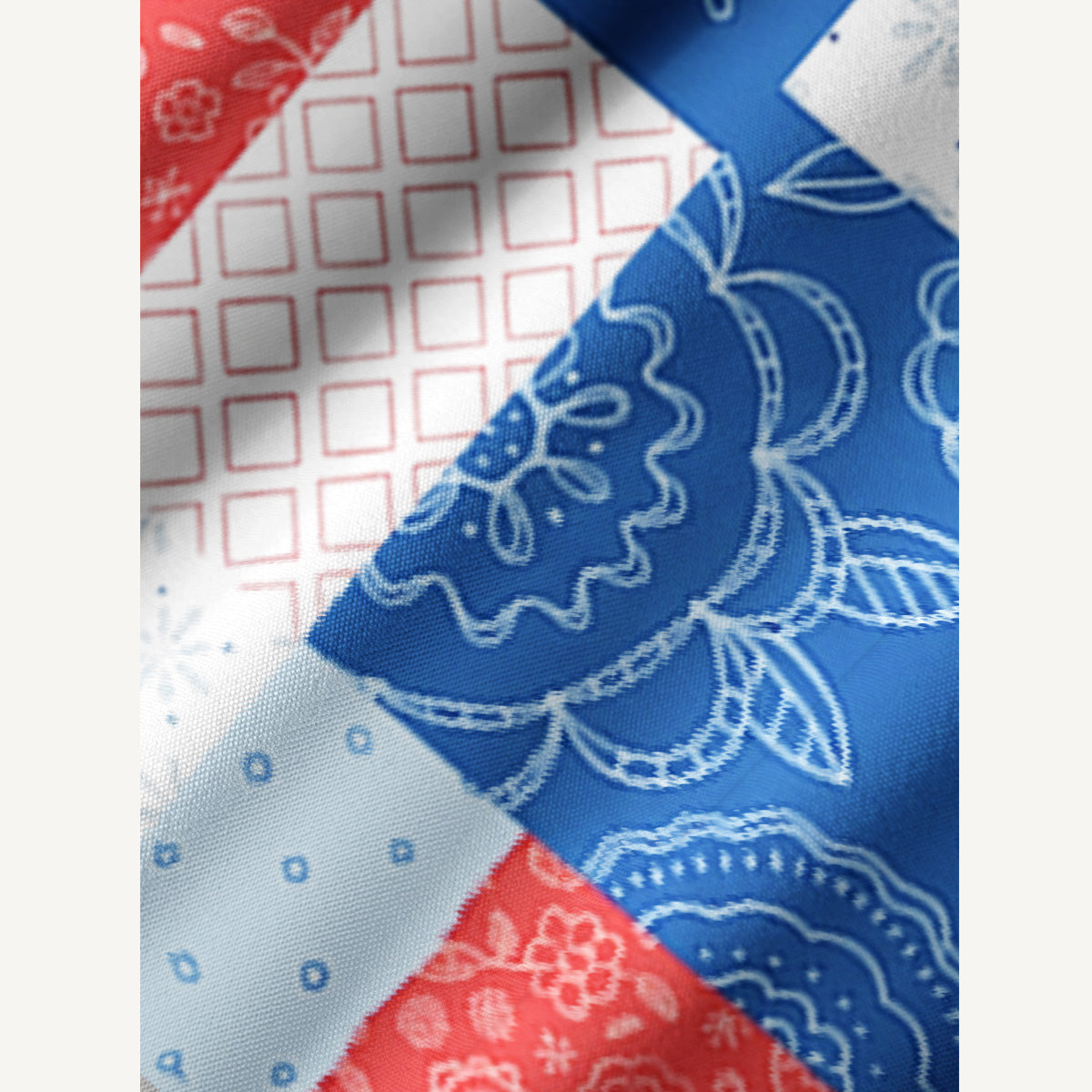 Patriotic Patchwork Print Boho Long Sleeve Tie‑Neck Smock Mini Dress