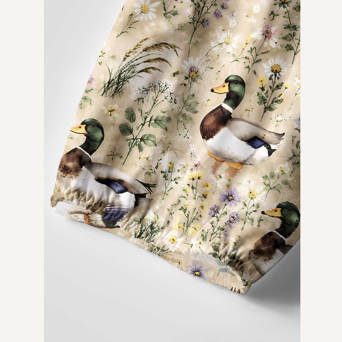 Watercolor Mallard Ducks Print Boho Long Sleeve Tie‑Neck Smock Mini Dress