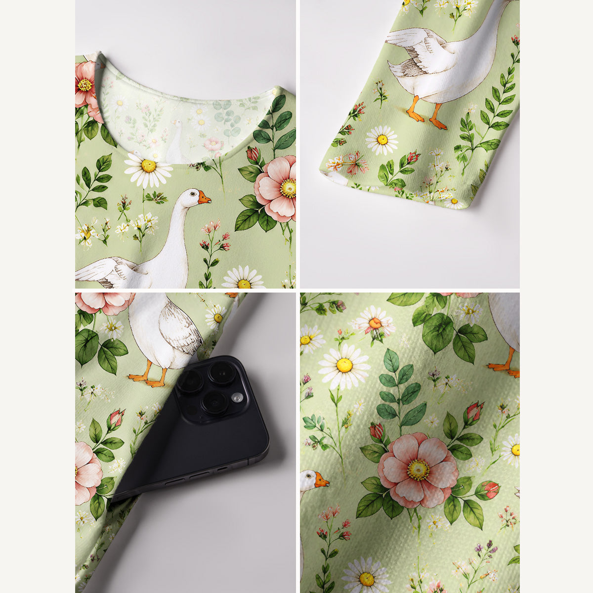 Pastoral Goose Garden Print Soft-Touch Stretch Knit Long Sleeve Maxi Dress with Pockets