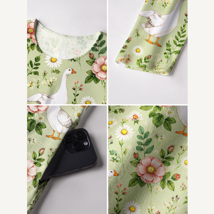 Pastoral Goose Garden Print Soft-Touch Stretch Knit Long Sleeve Maxi Dress with Pockets